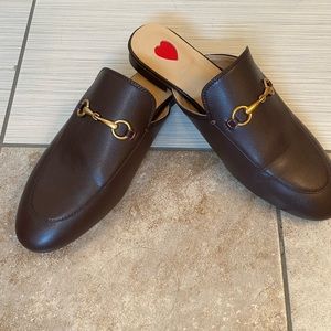 Brown faux leather mules